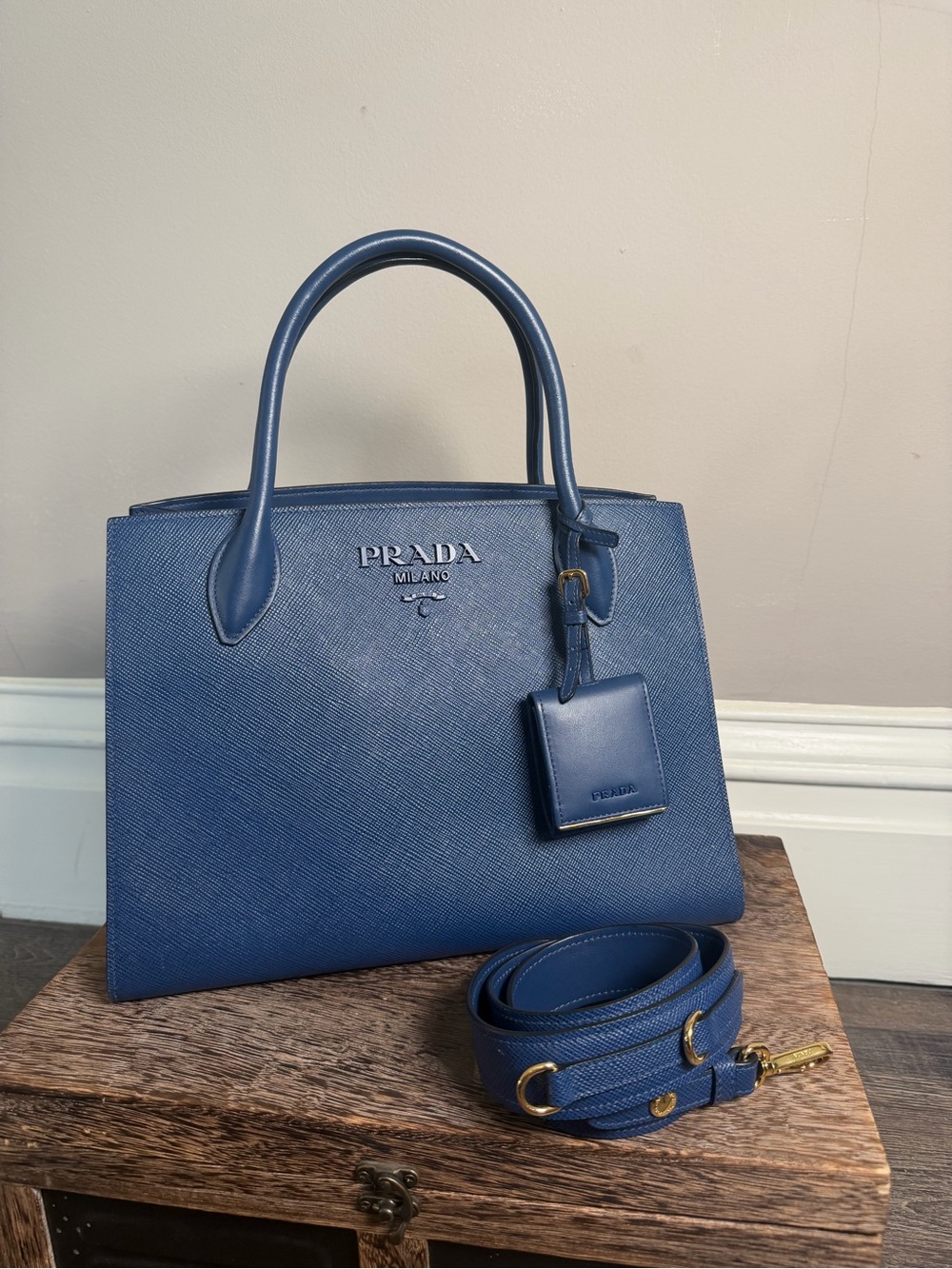Prada Navy Blue Saffiano Leather Tote with Detachable Strap